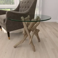 Log And Glass Round Accent Table Tan - Olivia & May -Olivia & May GUEST 6982ac0d 3927 46c2 a314 c60ba5e91844