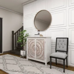 Rustic Wooden Cabinet With Carved Medallion Design Beige - Olivia & May -Olivia & May GUEST 6c3729b2 e028 456d 80d2 6c8d220df527