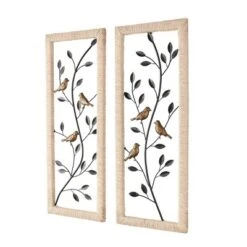 Set Of 2 Metal Leaf Wall Decors With Cream Rattan Frame And Bronze Bird Accents Black - Olivia & May: Iron Carving, Vertical Display, Nature Theme -Olivia & May GUEST 6f78f783 3398 416f 852b 236b2bff8b15