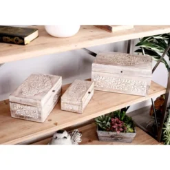 Set Of 3 Natural Mango Wood Whitewashed Carved Design Boxes With Lid - Olivia & May -Olivia & May GUEST 70c5ebb6 3dd9 4609 b851 d873772f15df