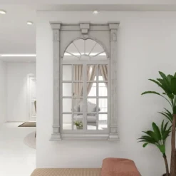 Wood Window Panes Inspired Wall Mirror With Arched Top And Distressing Cream - Olivia & May -Olivia & May GUEST 70cab72a 941c 4958 9c04 37068a59c7a2