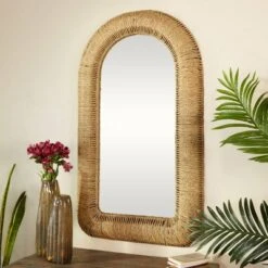 Bohemian Iron Metal Window Pane Inspired Wall Mirror With Arched Top Brown - Olivia & May