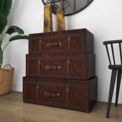 Traditional Faux Leather And Wood Chest Brown - Olivia & May -Olivia & May GUEST 725c14a2 2689 4c72 a5ed 6695a5c7fa2e