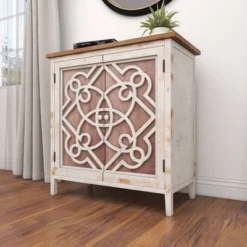Natural Wood Cabinet With Trellis Doors Light Brown - Olivia & May -Olivia & May GUEST 731957a4 f80b 4a24 b4f3 b4fb79dc7b5e