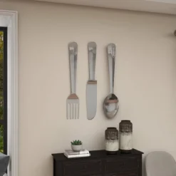 36" Aluminum Utensils Knife, Spoon And Fork Wall Decor Set Of 3 Silver - Olivia & May -Olivia & May GUEST 744b610c 2f5f 48ca bb7d 569255f24f97