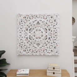 Wood Floral Handmade Intricately Carved Wall Decor With Mandala Design Gray - Olivia & May -Olivia & May GUEST 77a9ef66 982e 45ef ab6a c98a3e130fa2
