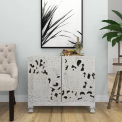 Mediterranean Carved Wood Cabinet White - Olivia & May -Olivia & May GUEST 7820449b 199a 4ab4 952a 9b76da14b77a