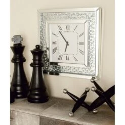 Wood Mirrored Wall Clock With Floating Crystals Silver - Olivia & May