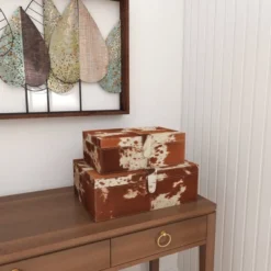 Set Of 2 Cowhide Leather Decorative Boxes Brown/White - Olivia & May -Olivia & May GUEST 7bfaed9c d344 4bac be1d d9df5a67179a