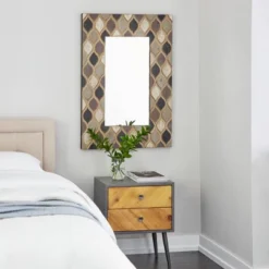 Wood Wall Mirror With Diamond Pattern Beige - Olivia & May -Olivia & May GUEST 7d2a1d6d 6960 4b16 ae68 df57eda7a5be