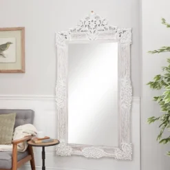 Wood Floral Intricately Carved Acanthus Wall Mirror White - Olivia & May