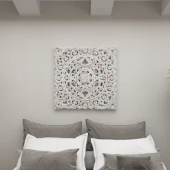 Wood Floral Handmade Intricately Carved Wall Decor With Mandala Design Gray - Olivia & May -Olivia & May GUEST 7f1d3fd5 5f7b 4fee bd67 79d33056cf4b