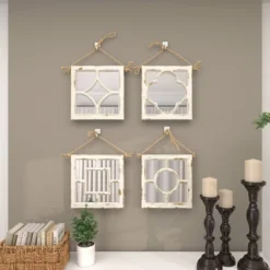 Wood Carved Designs Wall Mirror With Rope Hanger Set Of 4 White - Olivia & May -Olivia & May GUEST 81241347 d3dd 433b 8910 df9b0f159702