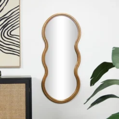 47"x20" Wooden Wavy Shaped Wall Mirror With Ribbed Frame Gold - Olivia & May