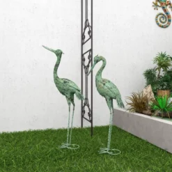Set Of 2 Iron 47" Coastal Crane Garden Sculpture Green - Olivia & May: Heron Figure, Metal Wire Outdoor Decor -Olivia & May GUEST 83150476 abb5 485d a787 0302f9ec0452