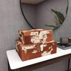Set Of 2 Cowhide Leather Decorative Boxes Brown/White - Olivia & May -Olivia & May GUEST 85256fd8 3183 4b0b bbe7 a4e6b05b22ff