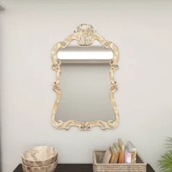 Wood Carved Acanthus Wall Mirror With Arched Top And Distressing Cream - Olivia & May -Olivia & May GUEST 8a571182 fd15 42cb a360 da94ddbee6eb
