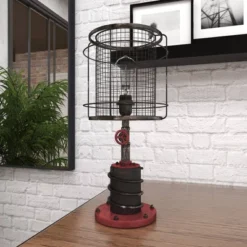 10" X 21" Industrial Accent Lamp With Iron Wire Cage Shade Red/Black - Olivia & May -Olivia & May GUEST 8b0df590 7e45 42f4 a1ed 1652837ffde6