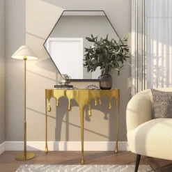 Olivia & May Aluminum Drip Console Table With Melting Designed Legs And Shaded Glass Top -Olivia & May GUEST 8b695068 0262 4173 a6f1 aa2a1ca6300a