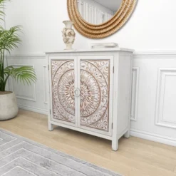 Rustic Wooden Cabinet With Carved Medallion Design Beige - Olivia & May -Olivia & May GUEST 8b8f8fcf f390 4e4e a126 7de715e90647