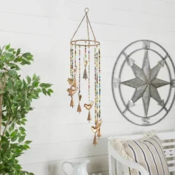 26" X 7" Eclectic Metal Birds Windchime With Beaded Strands Gold - Olivia & May: Indoor Musical Decor