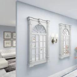 Wood Window Panes Inspired Wall Mirror With Arched Top And Distressing Cream - Olivia & May -Olivia & May GUEST 8d32b5b3 8942 4d26 8dcd 36c09143992d