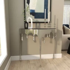 Olivia & May Aluminum Drip Console Table With Melting Designed Legs And Shaded Glass Top -Olivia & May GUEST 8d92470e 8914 49ff ae08 0faa2edbcd57