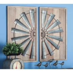 Wood Windmill Wall Decor With Wood Backing Set Of 2 Gray - Olivia & May
