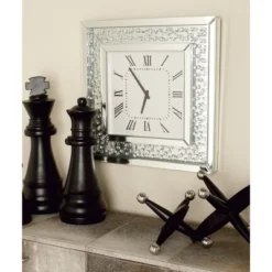 Wood Mirrored Wall Clock With Floating Crystals Silver - Olivia & May -Olivia & May GUEST 90614985 b443 41d3 9def 1d0b7e82b76e