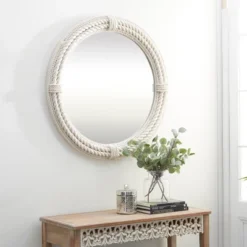 Coastal Wood Wall Mirror With Wrapped Rope Accents White - Olivia & May -Olivia & May GUEST 90bef049 44b2 4cd7 9f49 c2fe2e538aca