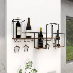 Metal Geometric 7 Bottle Wall Wine Rack With 5 Glass Holder Slots Black - Olivia & May -Olivia & May GUEST 91a0c835 bcc1 4716 a34b d82e0529c324
