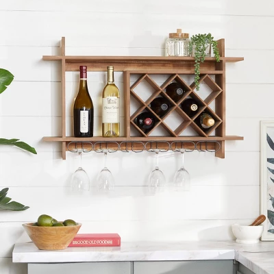 Wood Geometric 8 Bottle Slot Wall Wine Rack With 6 Glass Holder Slots Brown - Olivia & May 3 Wood Geometric 8 Bottle Slot Wall Wine Rack With 6 Glass Holder Slots Brown - Olivia & May