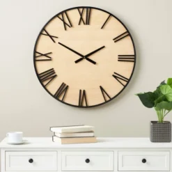 28"x28" Wooden Wall Clock With Black Metal Numbers And Frame Light Brown - Olivia & May: Silent Mechanism, Roman Numerals, Indoor Decor