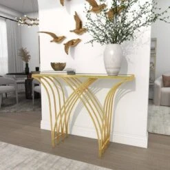 Metal And Mirror Art Deco Console Table Gold - Olivia & May -Olivia & May GUEST 98f5b753 6ff5 4057 b461 670ac3bf123e