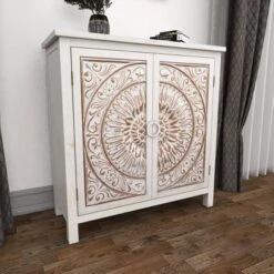 Rustic Wooden Cabinet With Carved Medallion Design Beige - Olivia & May -Olivia & May GUEST 99946902 4059 4ae7 ad01 2dab7ff104eb