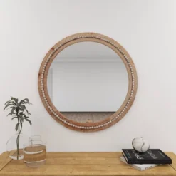 Wood Beaded Frame Wall Mirror With Distressing Light Brown - Olivia & May -Olivia & May GUEST a06d5603 6e53 4c93 a0fe e54648930f3b
