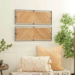 Wood Geometric Linear Carved Wall Decor With Black Frame Set Of 2 Brown - Olivia & May