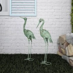 Set Of 2 Iron 47" Coastal Crane Garden Sculpture Green - Olivia & May: Heron Figure, Metal Wire Outdoor Decor -Olivia & May GUEST a2336237 5677 499b 9d97 258447118d10