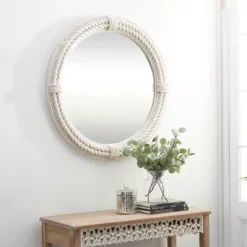 Coastal Wood Wall Mirror With Wrapped Rope Accents White - Olivia & May