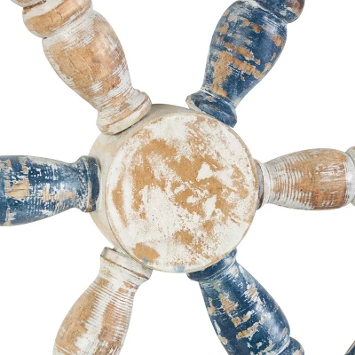 Olivia & May 22"x19" Wood Ship Wheel Distressed Two-Toned Wall Decor With Brown Accents Blue: Nautical Theme, Horizontal Orientation 5 Olivia & May 22"x19" Wood Ship Wheel Distressed Two-Toned Wall Decor With Brown Accents Blue: Nautical Theme, Horizontal Orientation - Image 3