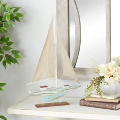 22" X 14" Decorative Coastal Pine Wood And Linen Sailing Boat Sculpture - Olivia & May -Olivia & May GUEST a3d59b74 147b 4ae7 8e94 fab2e8e44f9c