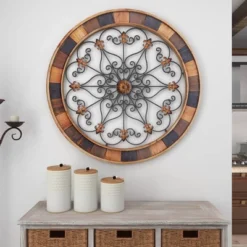 Wood Scroll Arabesque Wall Decor With Metal Fleur De Lis Relief Brown - Olivia & May -Olivia & May GUEST a6438883 85cd 42b1 8665 e9ec92651124