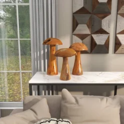 Set Of 3 Teak Wood Mushroom Handmade Live Edge Sculpture With Natural Smooth Finish Brown - Olivia & May -Olivia & May GUEST a7ffca7a bf5c 48ec be9a 9dbaf562b681