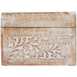 Set Of 3 Natural Mango Wood Whitewashed Carved Design Boxes With Lid - Olivia & May -Olivia & May GUEST a819a17b 69f6 4f69 adc0 49a04ea315d0