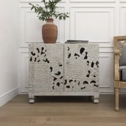 Mediterranean Carved Wood Cabinet White - Olivia & May -Olivia & May GUEST aa2522a5 d1d2 4e2c a3de ba00ec286486