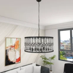 Metal Crystal Embellishments 6 Light Chandelier With Link Style Chain Black - Olivia & May -Olivia & May GUEST ad00b6b1 4cdf 453b 8093 7ebea9c41011