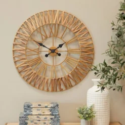 Olivia & May 31"X31" Seagrass Tribal Round Decorative Wall Clock With Weaving Design Gold