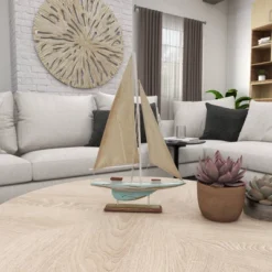 22" X 14" Decorative Coastal Pine Wood And Linen Sailing Boat Sculpture - Olivia & May -Olivia & May GUEST b1fde387 da81 48c9 925a dd3918676712