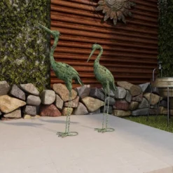 Set Of 2 Iron 47" Coastal Crane Garden Sculpture Green - Olivia & May: Heron Figure, Metal Wire Outdoor Decor -Olivia & May GUEST b29d5f81 01ca 4d4b b29d cef4d4a3eed2