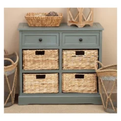 Wood Console 4 Wicker Baskets 2 Drawers Blue - Olivia & May -Olivia & May GUEST b36a522c 219f 4a79 837c 12c46095dd9a